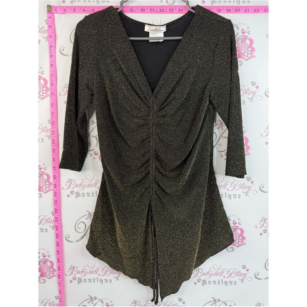 Tradition blouse sparkly shiny Metallic Gold Ruched V-Neck Women’s Top